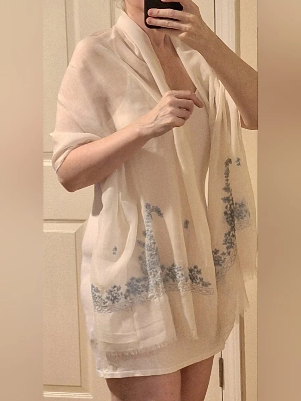Off-White Scarf w/ Detailed Light Blue Flowers